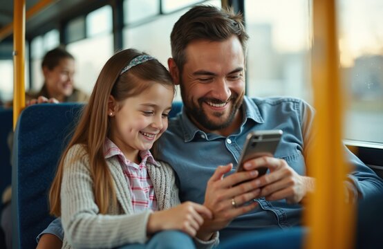 Father, daughter ride public transit. Happy man, girl use cell phone. Smile together watching digital content on smartphone. Family bond, screen time, tech connection, daily commute, urban passenger,