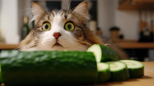 Surprised Cat with Wide Eyes and Open Mouth Reacting to Fresh Cucumber on Kitchen Counter