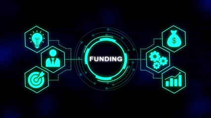 Digital funding concept with glowing neon icons representing investment idea growth success and finance in a futuristic dark background with data streams and network connections - Powered by Adobe