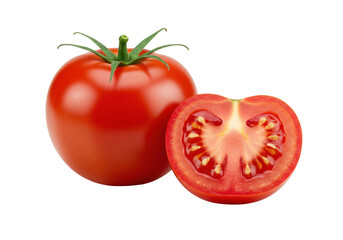 Vibrant red, ripe whole and cut tomatoes, showcasing juicy flesh, green stem, and seeds, on a transparent background with soft shadows, concept of natural freshness