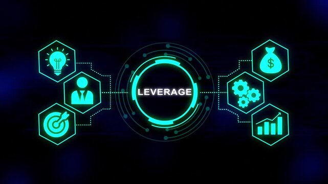 Digital concept graphic illustrating leverage with interconnected icons for idea generation business growth financial success and target achievement in a futuristic neon blue aesthetic on a dark