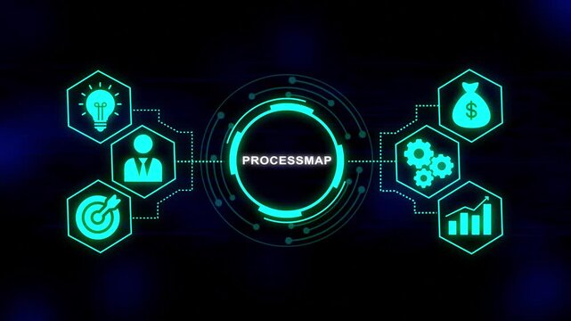 Business process map infographic with icons for idea human target gears money growth digital technology abstract background neon glow