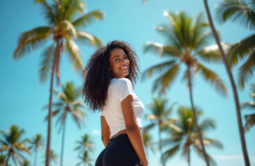 Smiling young woman in white top and black leggings poses outdoors. Portrait of attractive curly hair girl at tropical vacation on sunny day. Palm trees and blue sky background.