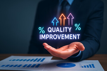 Quality improvement concept presented with vibrant up arrows and percentage signs signifying enhanced product or service standards and increased efficiency for success