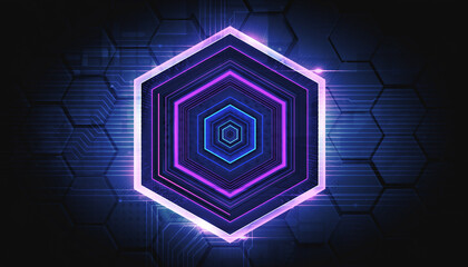 Glowing neon hexagonal pattern with purple and blue lights on a dark background with honeycomb texture, conveying a futuristic cybersecurity concept from the UK.