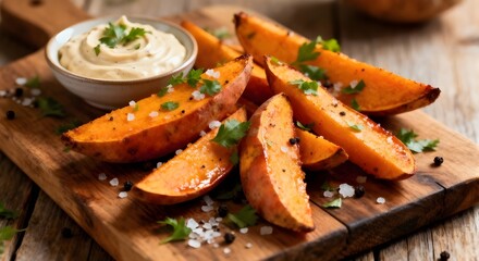 Healthy Baked Orange Sweet Potato wedges with dip sauce, herbs, salt and pepper on wooden board