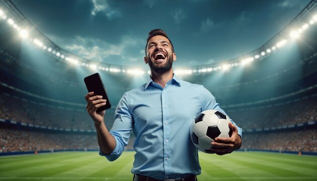 Happy man celebrates football win on phone in stadium. Excited businessman holds soccer ball. Sport fan with mobile device rejoices victory. Winning bet concept at arena.
