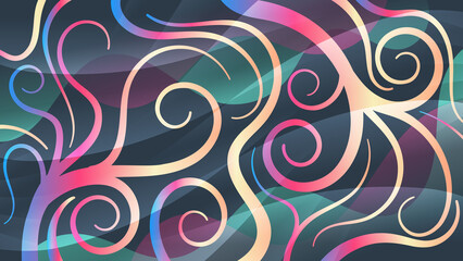 Fairytale colorful art background with swirls. Beautiful composition of overlapping smooth translucent shapes, wavy stripes. template for your projects.