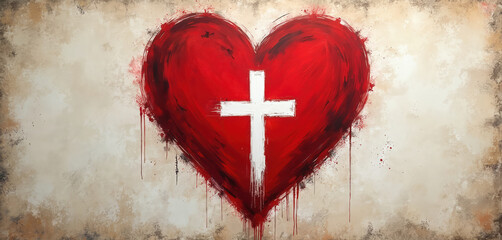 Vibrant red heart features bold white Christian cross. Grungy brush strokes, splatters, paint drips create textured background. Abstract illustration deep faith, divine love, spiritual connection.