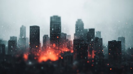 Obraz premium A moody city skyline shrouded in mist and illuminated by fiery glows, creating an atmospheric, dramatic effect.