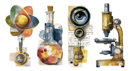 Colorful Science Collage with Laboratory Tools and Design Elements Isolated on White