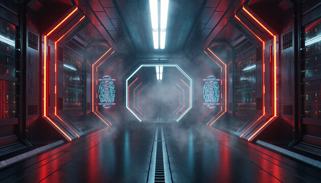 A futuristic corridor with neon red and blue lights, foggy atmosphere, and metallic walls and floor, conveying a sense of advanced cybersecurity in a UK-style high-tech facility.