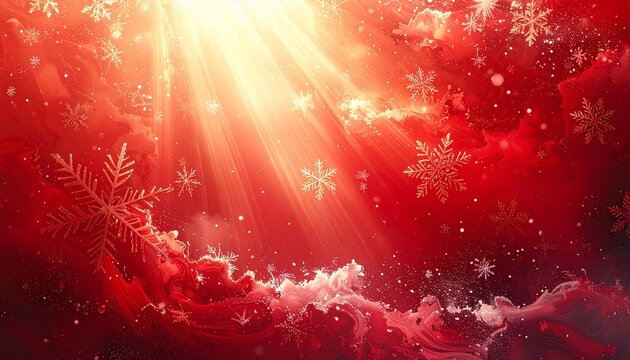 Vibrant abstract red Christmas background with falling snowflakes, golden sunbeams, and a dramatic center light. Festive holiday digital art with copy space.