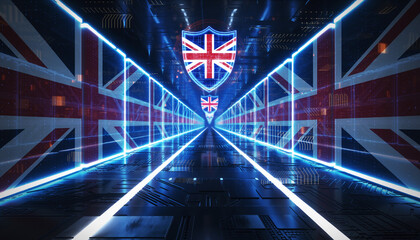 A futuristic corridor with a Union Jack shield logo and blue neon lights, representing cybersecurity in the UK with a sleek, modern design and a sense of advanced technology.