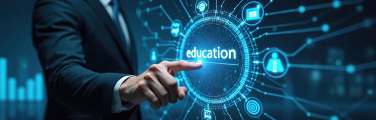 Man in suit presses education button on futuristic virtual screen. Businessman uses digital interface for online learning, skills development. Concept of e-learning, corporate training, knowledge.