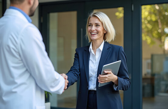 Smiling businesswoman shakes hands with doctor outdoors. Female sales rep meets male medical pro. Discuss healthcare business, new products, pro collaboration, building trust for industry