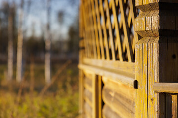 Wooden structure highlights nature's beauty in a tranquil outdoor setting at sunset