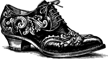 Antique shoe engraving with elaborate details and vintage style. This hand-drawn illustration is perfect for any collection or graphic vector.