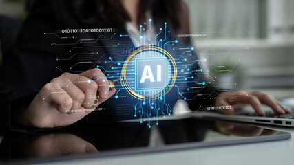 Naklejka premium AI Assistant Brain Processor with LLM Technology, Big Data, Machine Learning, Generative AI for Business Support, Future Agentic AI Technology and Artificial Intelligence Prompt Engineering. Spline