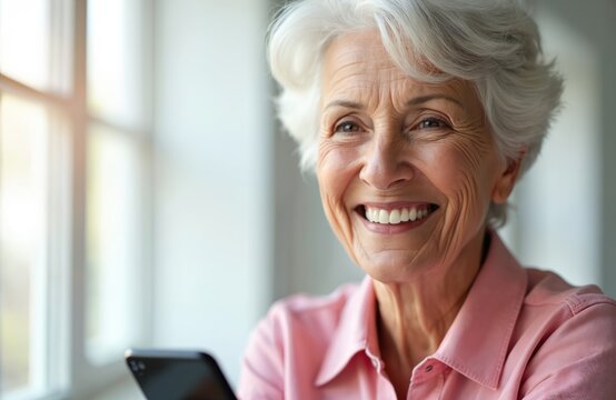 Smiling senior woman uses smartphone indoors near window. Old lady holds mobile phone in hands. Grandmother communicates online, surfs web, watches media, makes purchases, social networking. Elderly