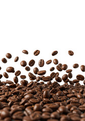 Obraz premium Oily, dark brown roasted coffee beans scattering dynamically, many suspended mid-air against transparent studio backdrop, sharp macro focus, energetic coffee advertising concept