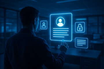 Digital security and profile access concept showing a businessman interacting with a holographic screen displaying user data, login, and privacy protection icons