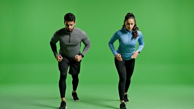 Two determined athletes a man and a woman engage in a dynamic workout performing lunges with focused intensity against a vibrant green screen backdrop showcasing their dedication to fitness and healt.