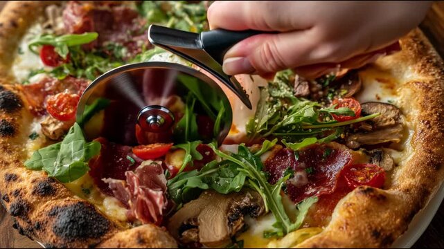 Person cutting a freshly baked gourmet pizza with prosciutto, arugula, and burrata cheese