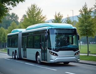Fototapeta premium Modern hydrogen powered city bus travels on asphalt road surrounded by green trees. Eco friendly transportation vehicle reduces carbon footprint in urban environment. Innovation in sustainable public