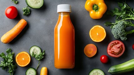 Fresh vegetable juice bottle detox healthy carrot orange cucumber ingredients vibrant drink concept