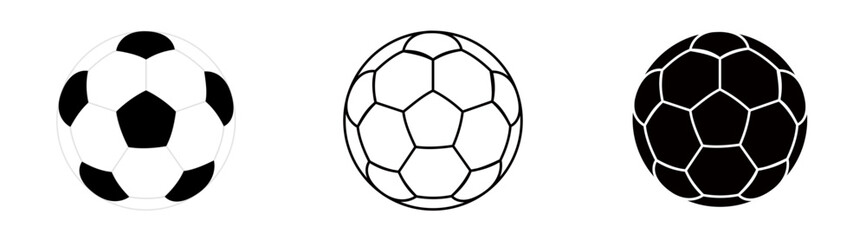 Fototapeta premium A set of three soccer ball icons featuring solid, outline, and bold styles. Clean, minimalist, and isolated on transparent background, perfect for sports graphics, logos, and digital designs.