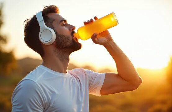 Fit man with headphones drinks yellow liquid from bottle outdoors. He rests after physical training at sunset. Healthy guy enjoys moment and sun. - Powered by Adobe