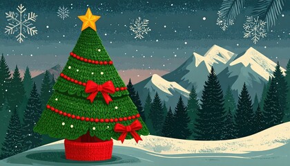 Festive Christmas Tree in Snowy Landscape with Mountains and Snowflakes.