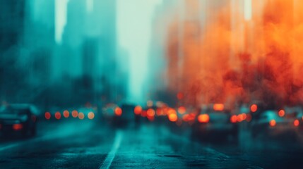 Naklejka premium A blurred city scene with glowing car lights through a haze, creating a moody, atmospheric effect in a bustling urban environment.