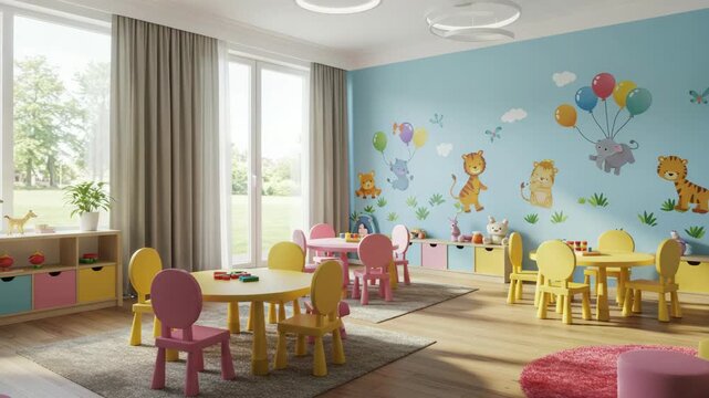 A colorful children's playroom featuring animal-themed wall decals, vibrant furniture, and playful decor designed for fun and creative activities.