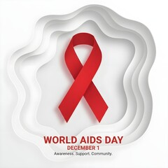 "World AIDS Day paper cut illustration, layered red and white shapes, ribbon in paper-cut style, trendy modern abstract design, clean shadows"