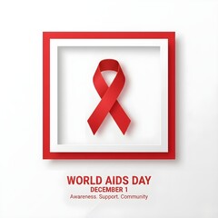 "World AIDS Day paper cut illustration, square double layer red and white shapes, ribbon in paper-cut style, trendy modern abstract design, clean shadows"