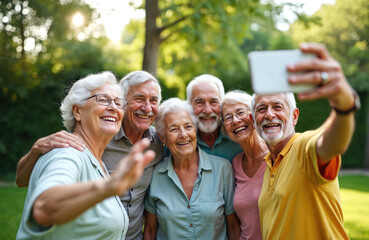 Group of happy senior friends smile, laugh, take group selfie outdoors. Elderly people enjoy sunny summer park, capture fun moment with modern smartphone. Pensioners social together on holiday,