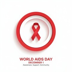 "World AIDS Day paper cut illustration, round double layer red and white shapes, ribbon in paper-cut style, trendy modern abstract design, clean shadows"