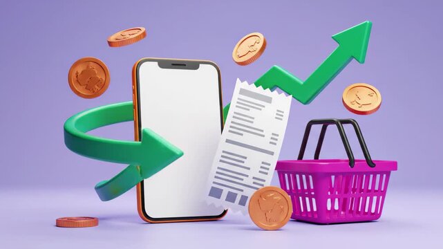 Online shopping refund or return concept with mobile phone, receipt, and basket