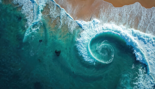 Aerial photo of ocean waves. Turquoise water creates a vortex near the sandy shore. White foamy crests on top. Beautiful natural coastal scenery.
