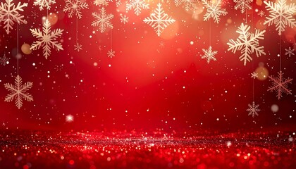 Luxurious Christmas Background: rich red gradient illuminated by warm golden light, with abstract bokeh and intricate snowflake patterns. Holiday wallpaper.