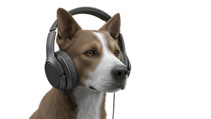 A dog with brown and white fur wearing black headphones on a black background looking to the left
