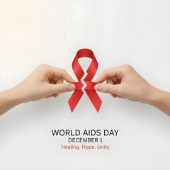 "Symbolic World AIDS Day design, broken red ribbon being gently fixed by two hands, emotional healing theme, soft lighting, clean minimal composition, awareness poster style"