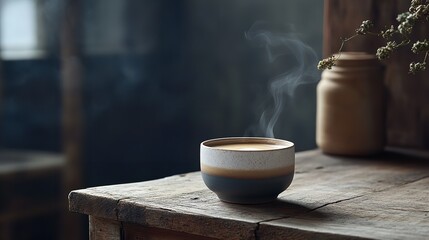 Steaming coffee cup on rustic wood table morning beverage hot drink cafe shop drinkware aromatherapy