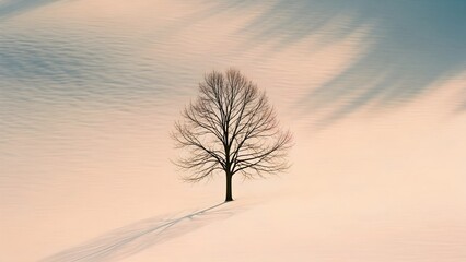 A solitary bare tree stands in a vast, serene snow-covered landscape under a soft, streaky sky, casting a long shadow.