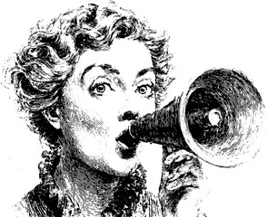 Vintage woman with megaphone in black and white, handdrawn sketch style. Vector illustration focused on announcement and communication themes.