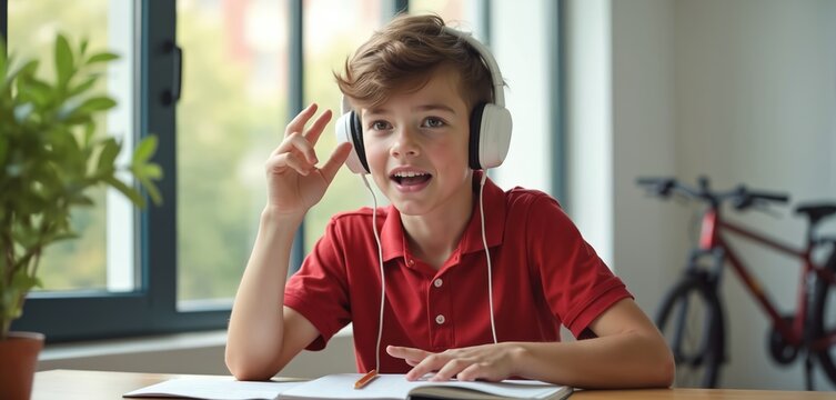 Young boy with headphones talks during online class. Child studies at home using laptop, engages in virtual learning. Pupil learns with remote tutor. Education, e-learning.