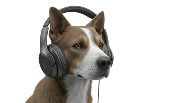 A dog with brown and white fur wearing black headphones on a black background looking to the left