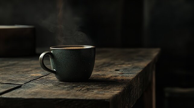 Hot coffee cup on rustic wooden table dark background morning beverage caffeine drink still life photography